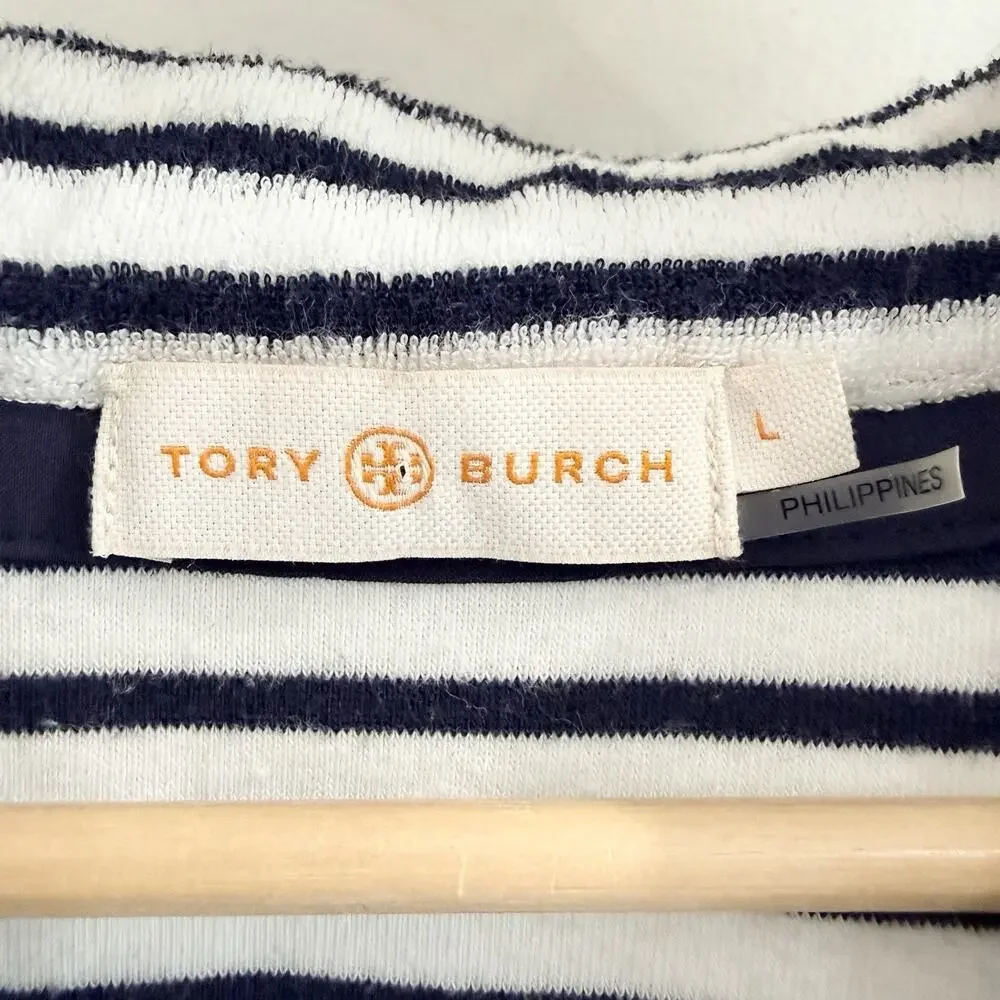 Tory Burch Navy/White Striped Tunic Terry Cloth swim coverup Size Large A5433